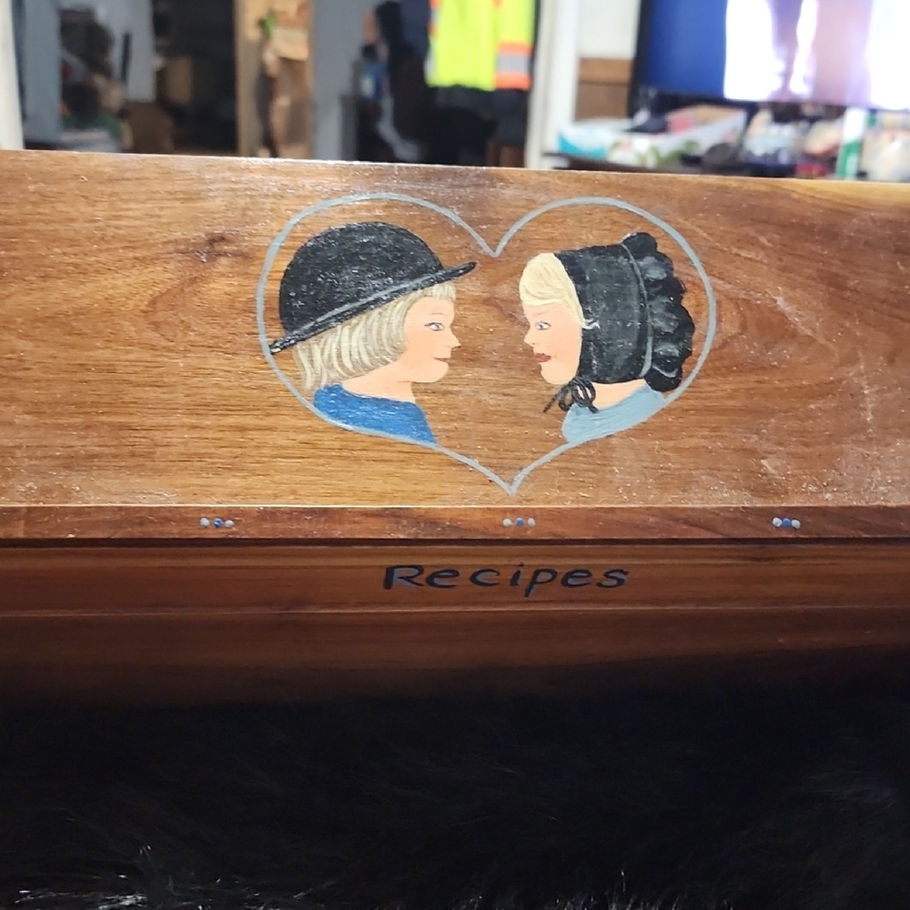Wooden Recipe Box with Heart Design. Double Sided Box.